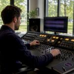 Audio mastering engineer adjusting console
