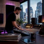 Mastering engineer adjusting audio console in studio