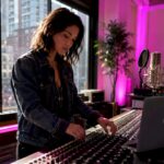 Audio engineer mixing vocals in recording studio
