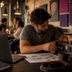 Audio engineer mastering signal flow in studio