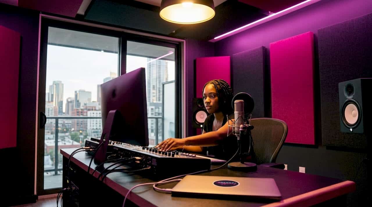 Woman adjusting stereo widening in mastering studio