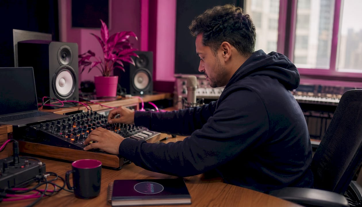Music producer mastering track in studio