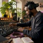 Mastering engineer adjusting audio console in studio
