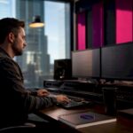 Audio engineer mixing with reference tracks in studio