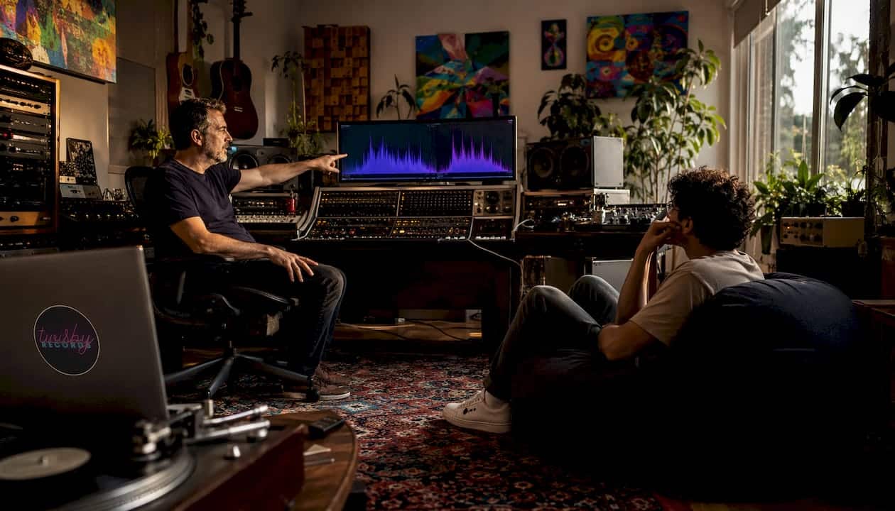 Audio engineer and client collaborating in studio