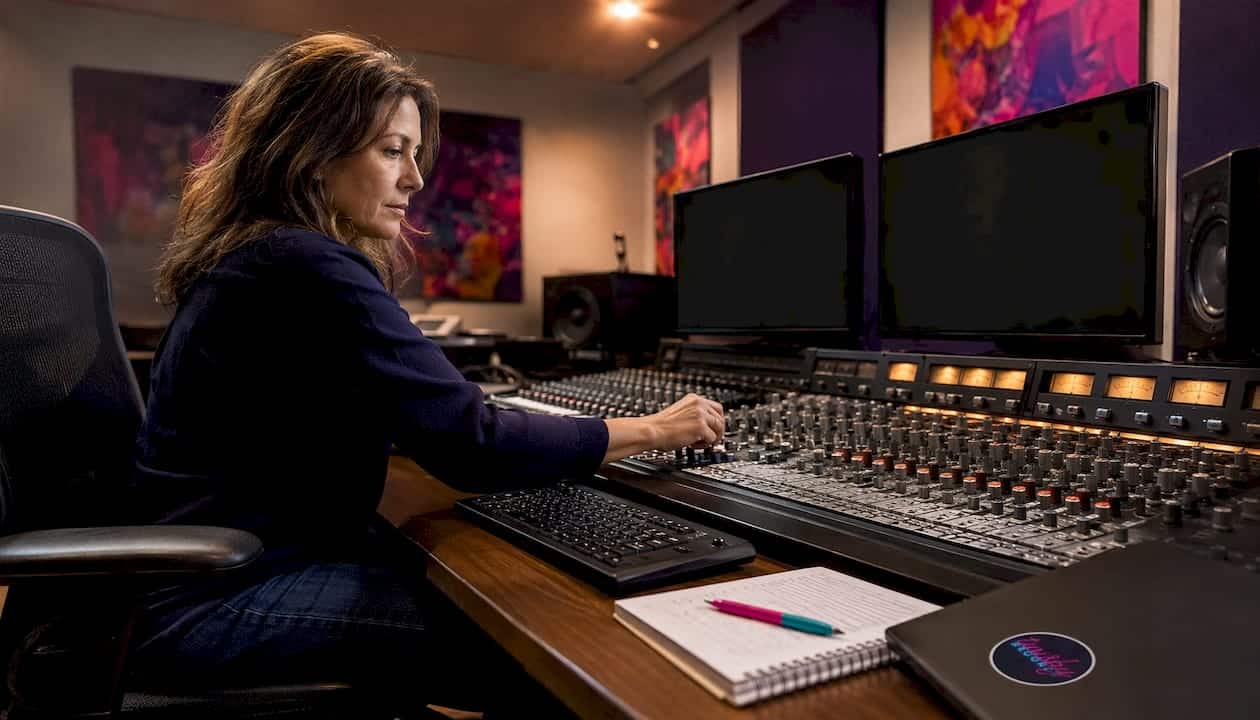 Mixing engineer adjusting analog board