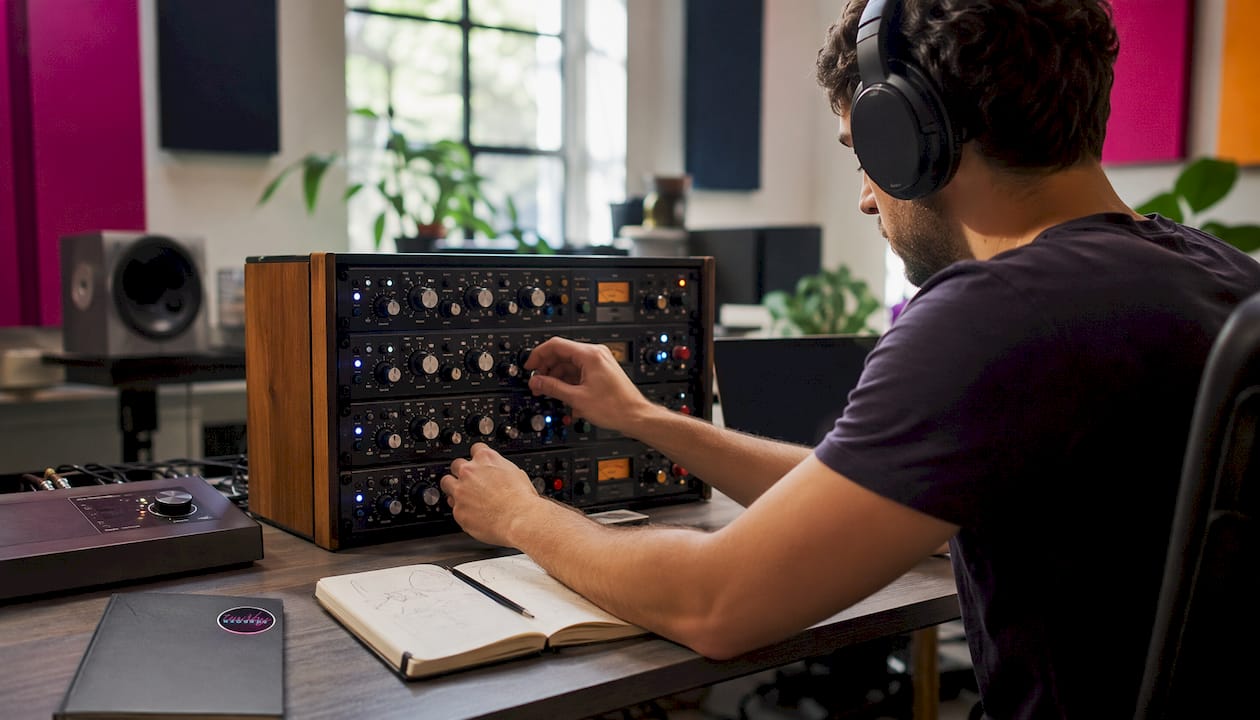 Hands adjusting compressor knobs on studio desk
