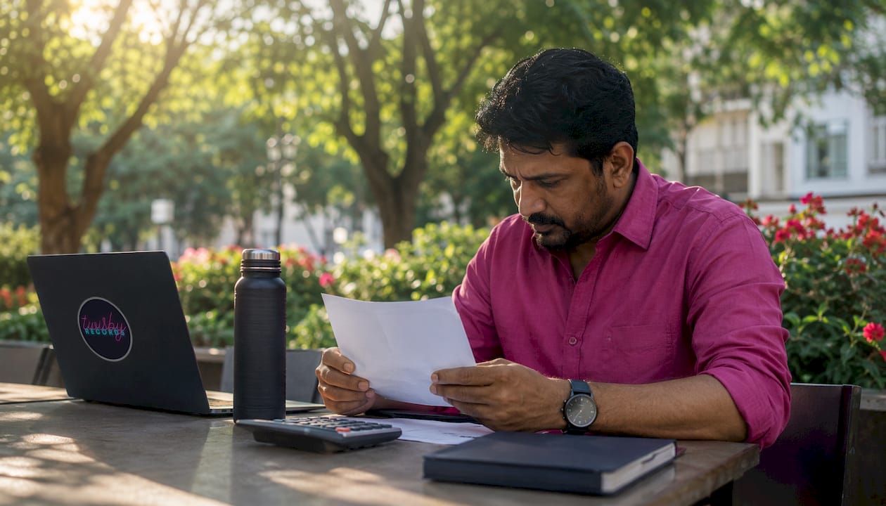 Music producer reviewing budget plans in office setting