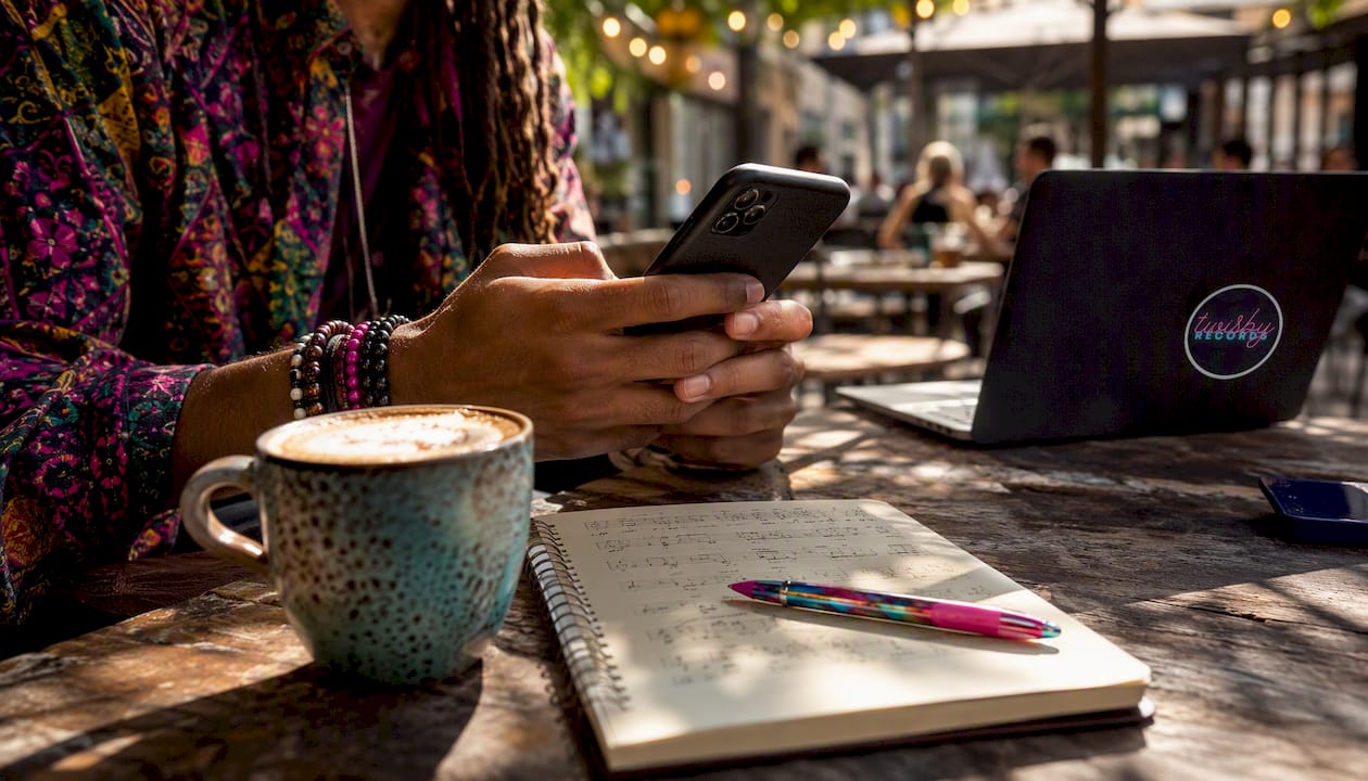 Hands holding phone using Instagram for music promotion in café