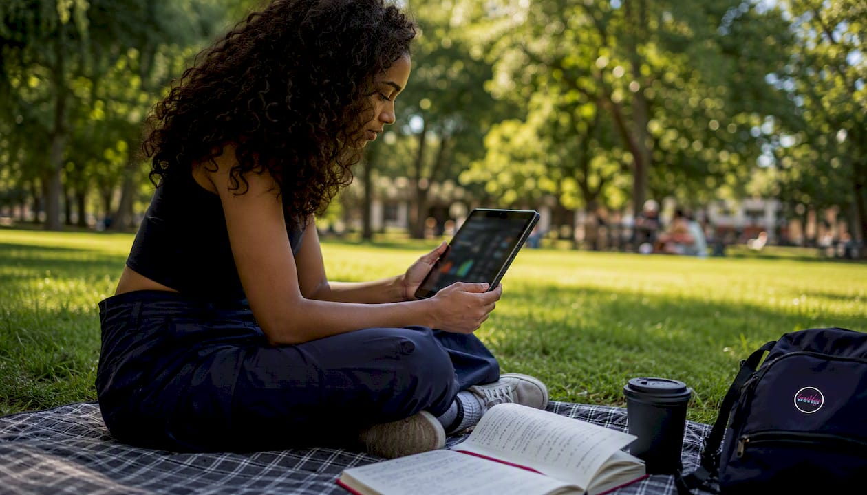 Hands adjusting music ad targeting settings on tablet outdoors