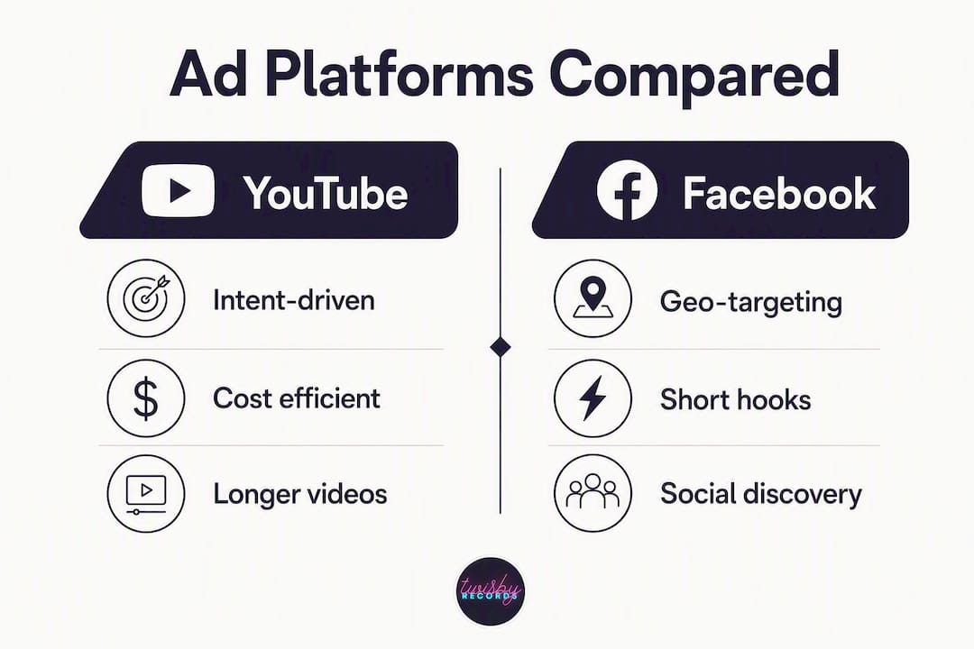 Infographic comparing YouTube and Facebook ads for musicians