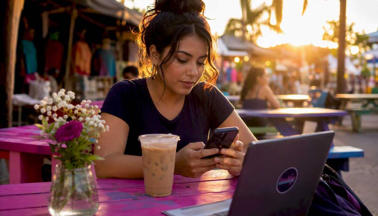 Woman using phone to contact playlist curators in café