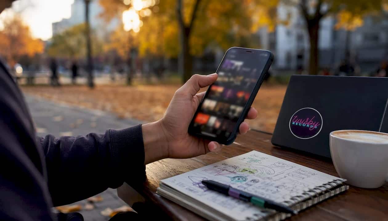 User browsing music sources on smartphone in café
