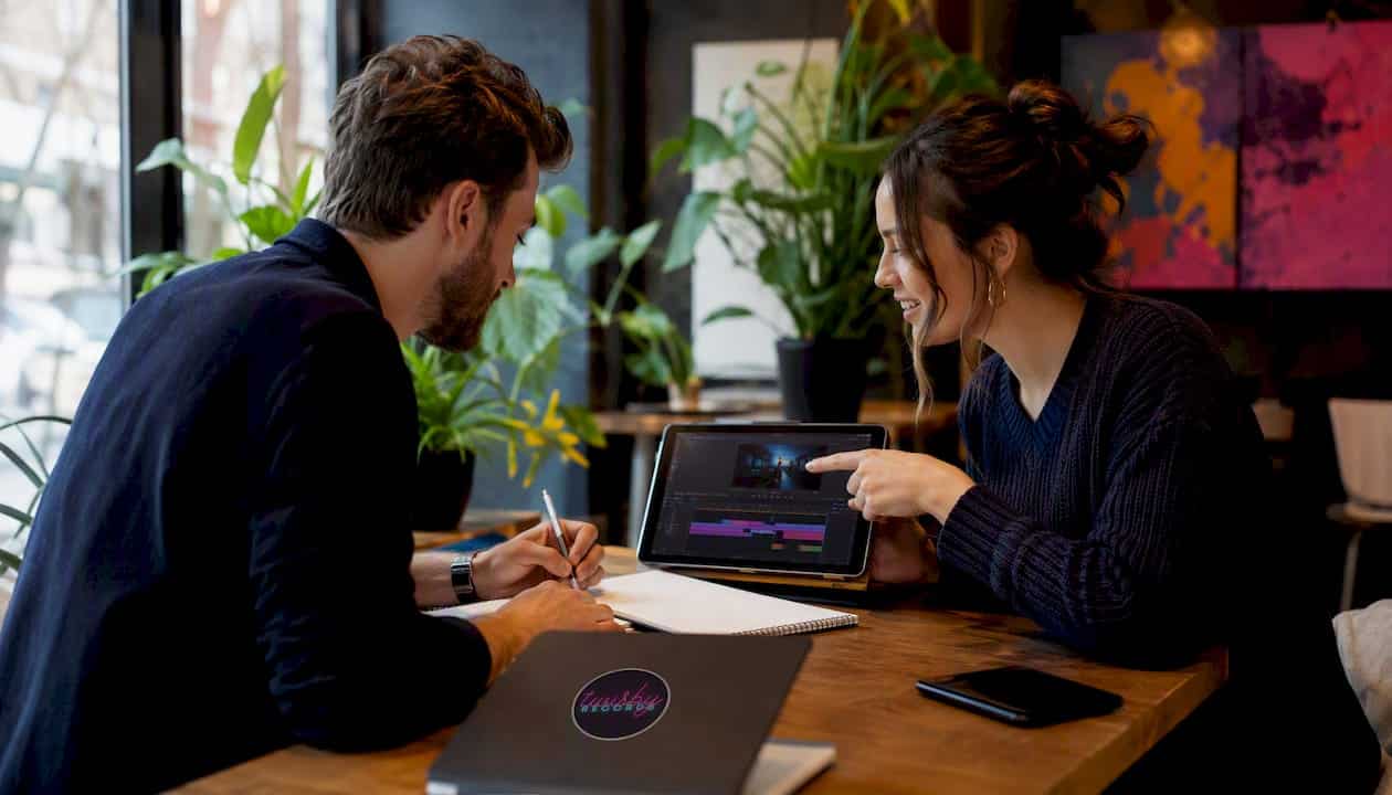 Marketing team planning Instagram ad campaign in meeting room