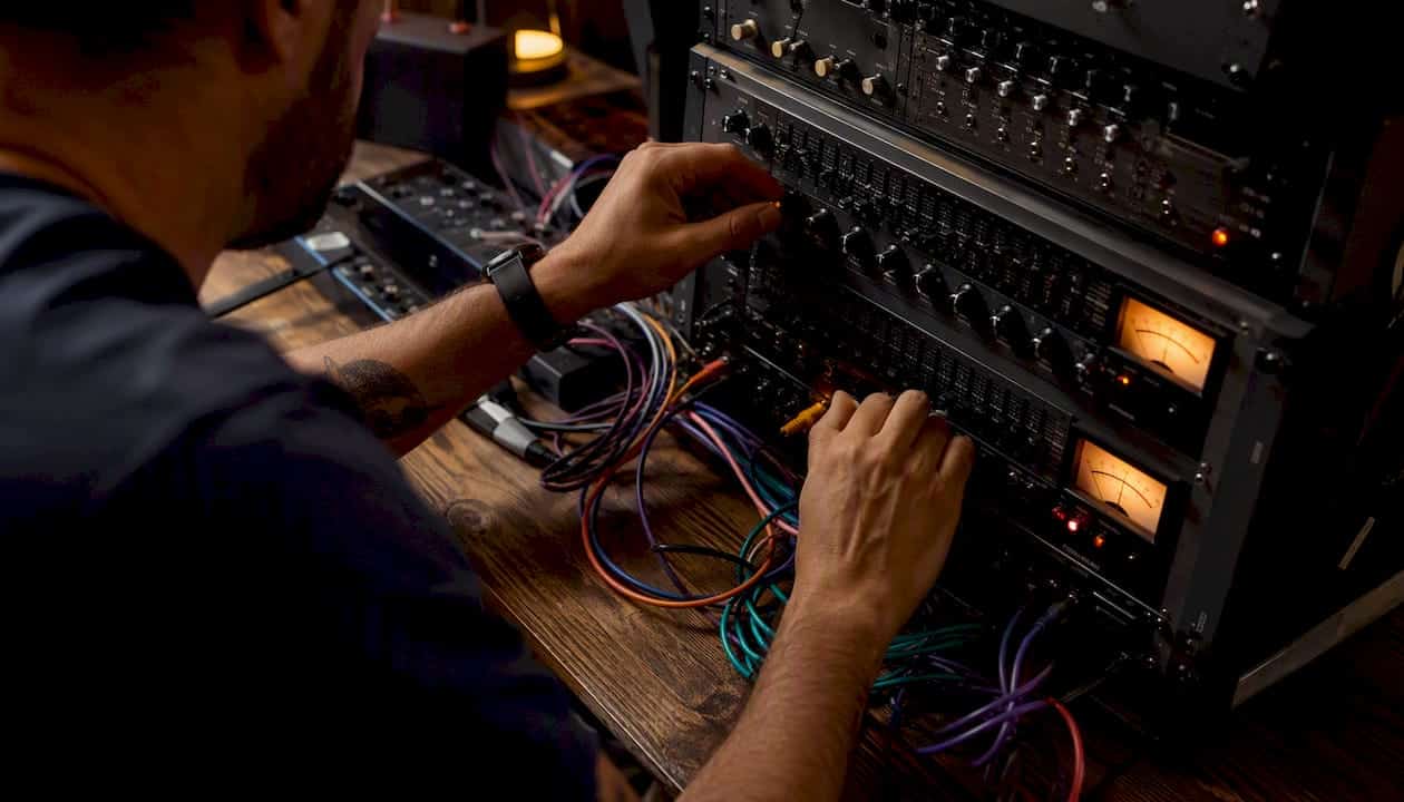 Engineer hands adjusting analog audio gear