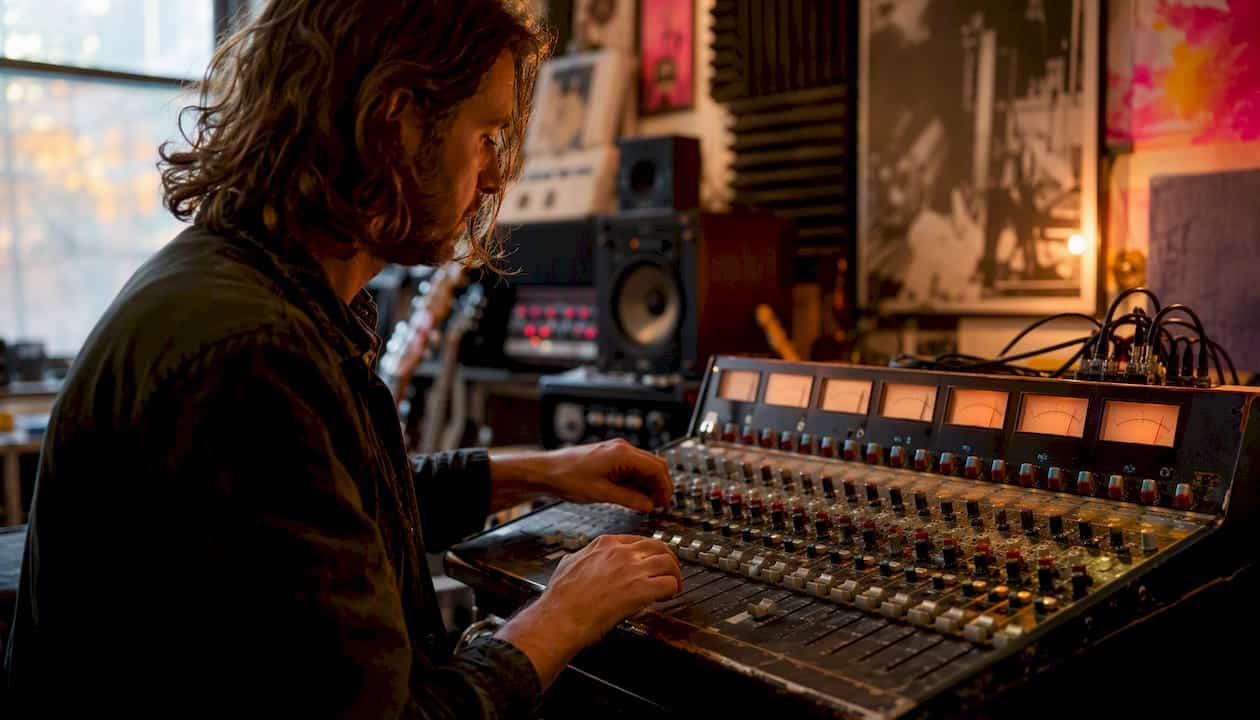 Musician adjusting mixing console faders