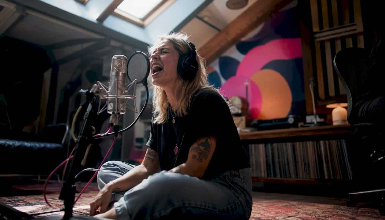 Vocalist singing into condenser microphone
