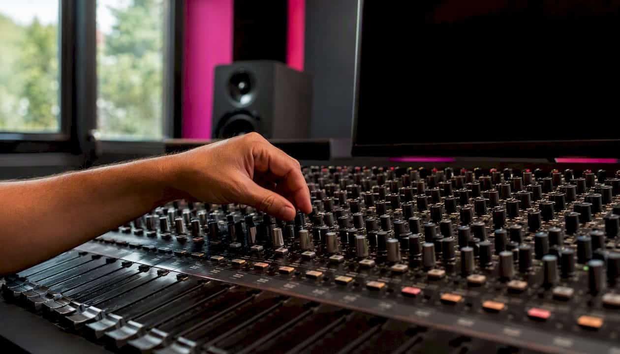 Hands adjusting audio routing knobs on mixing console