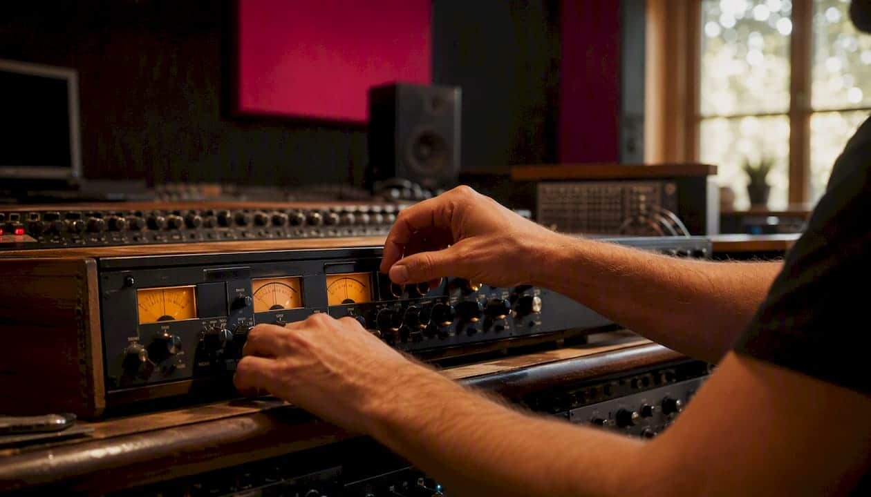 Hands adjusting vintage audio gear knob