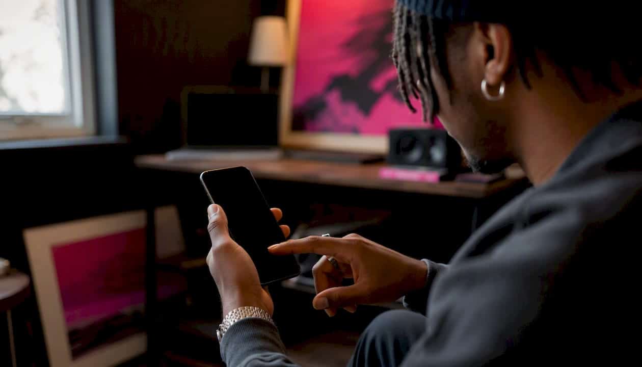 Artist's hand interacting with phone preparing pitching
