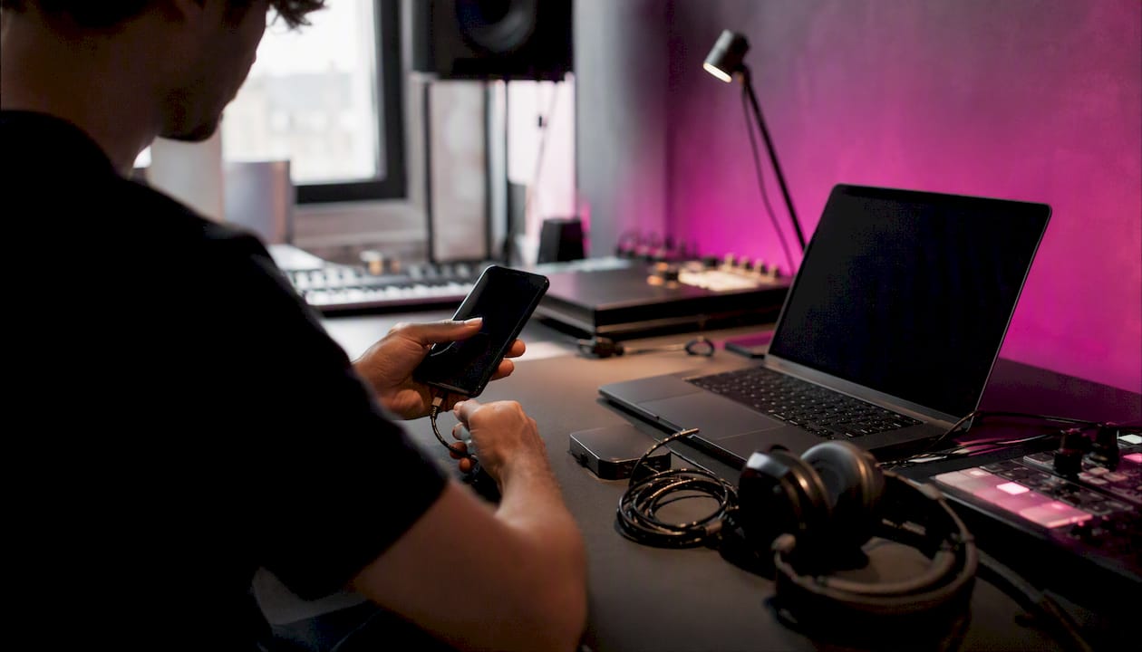 Hands connecting smartphone and tech accessories