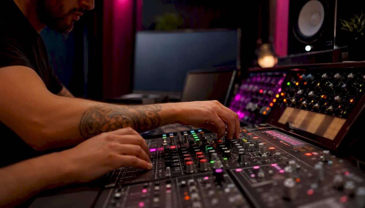 Hands adjusting mixer knobs in studio